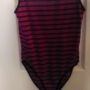 Pink and black striped body suit